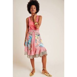 New Anthro Camella Tie-Front Ruffled Midi Skirt